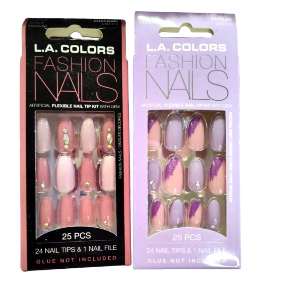 Pack Of 2 LA Colors False Nails Medium Coffin Almond Rhinestone Glitter NWT